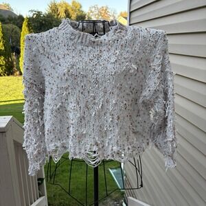 P.O.L. Distressed Chunky Knit Sweater Cream Speckled Frayed Hem Boho L EUC‎